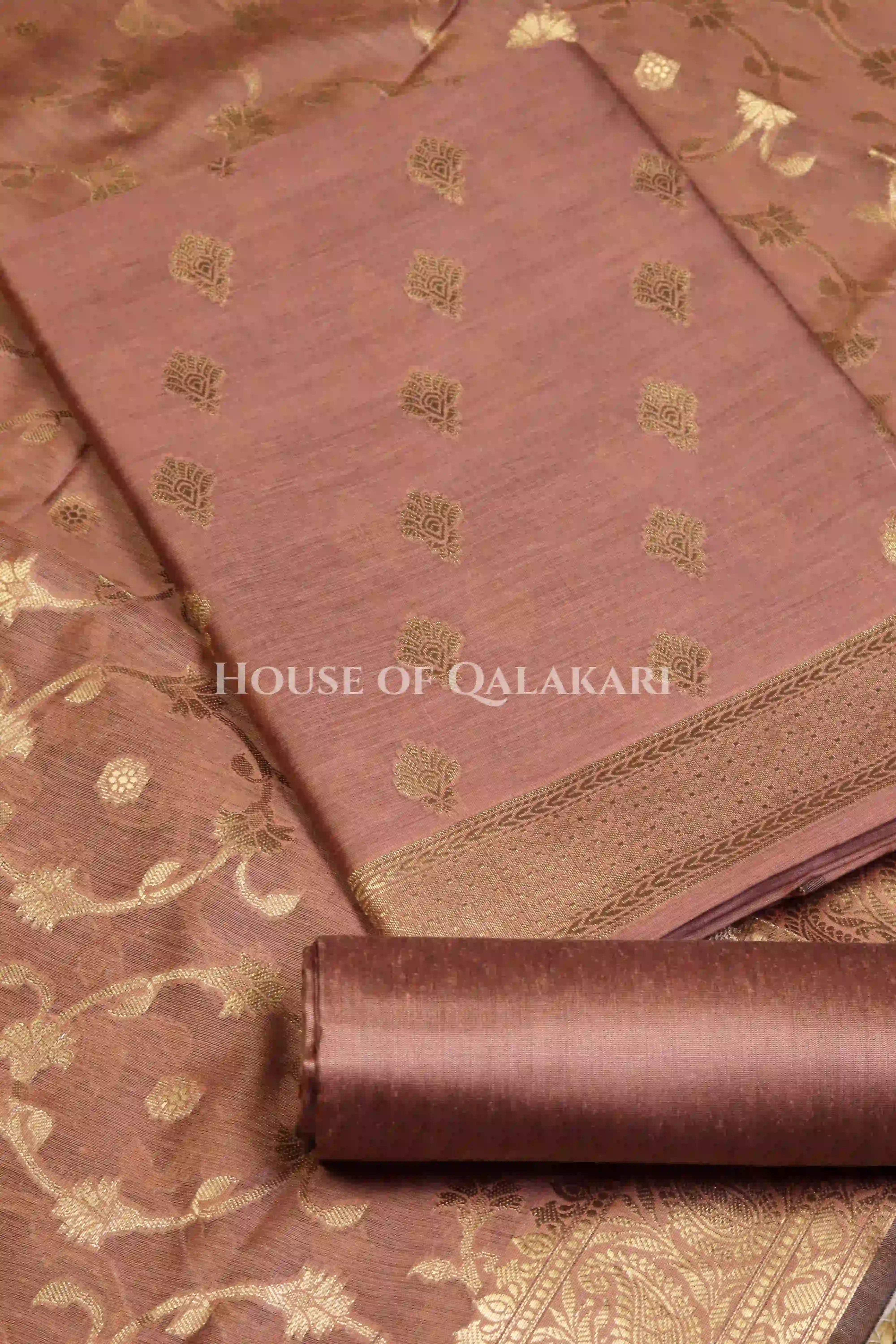 Banarasi Cotton Silk blend Unstitched Dress Material in Copper colour with Intricate Zari Diamond Buti – product