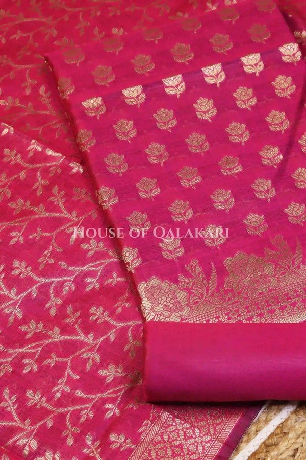 Banarasi Cotton Silk blend Unstitched Dress Material in Rani Pink and with matching floral vine jaal dupatta – product