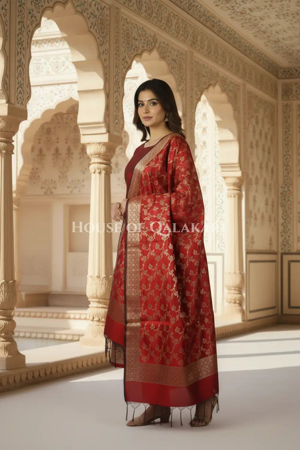 Banarasi Unstitched Dress Material in Red plain kurta and zari border along with floral zari jaal dupatta – side pose