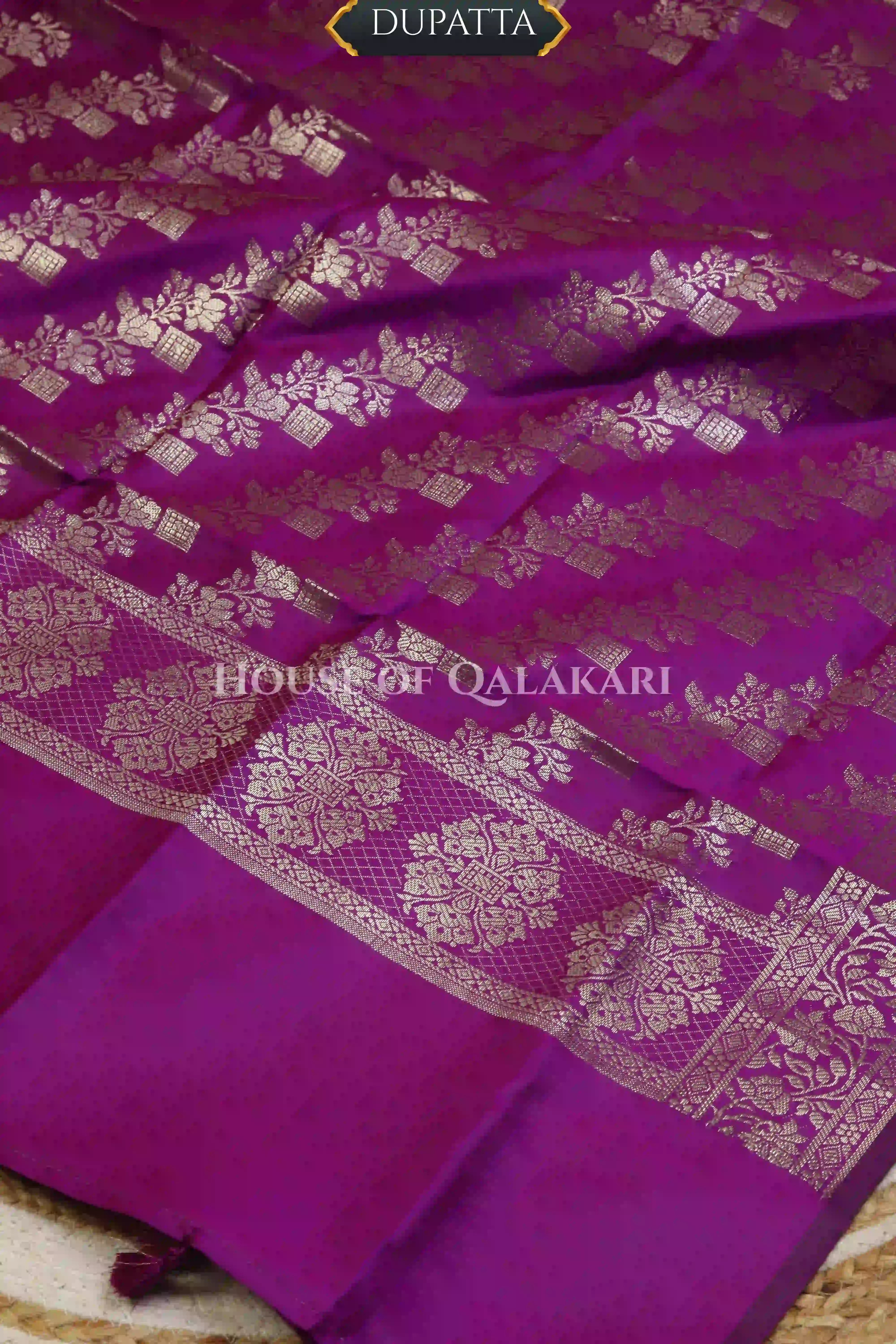 Banarasi silk Unstitched Dress Material in Rich Purple and with lotus floral border and diagonal striped zari work dupatta – dupatta