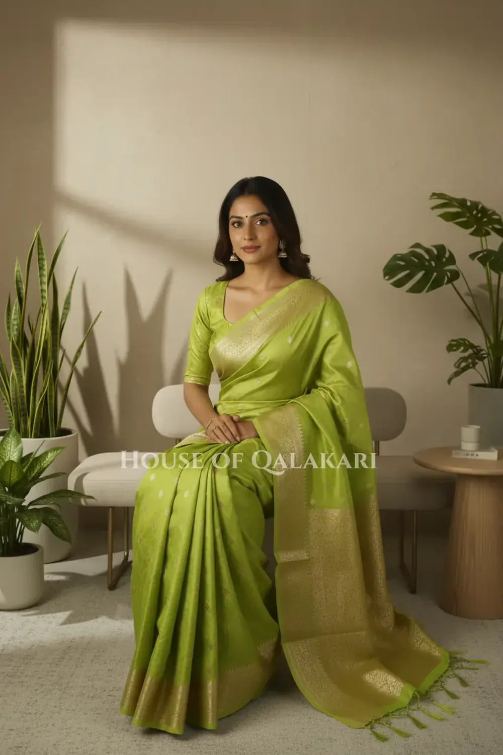 Mushroom silk Saree sitting pose