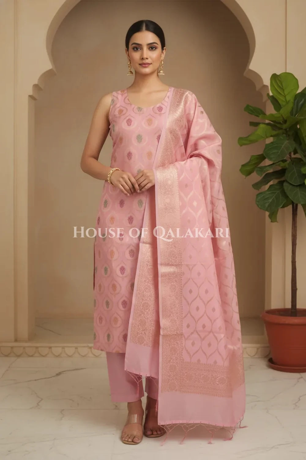 Pastel pink Banarasi Chanderi Cotton Unstitched Dress Material with Zari Work – front pose