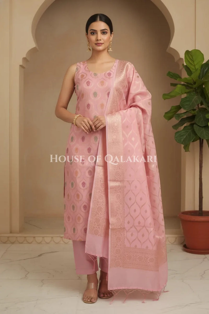 Pastel pink Banarasi Chanderi Cotton Unstitched Dress Material with Zari Work – front pose