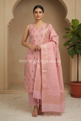 Pastel pink Banarasi Chanderi Cotton Unstitched Dress Material with Zari Work – front pose