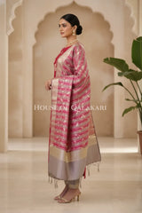 Banarasi Cotton Silk blend Unstitched Dress Material in rani pink and silver grey contrast with Intricate Zari Buti – side pose