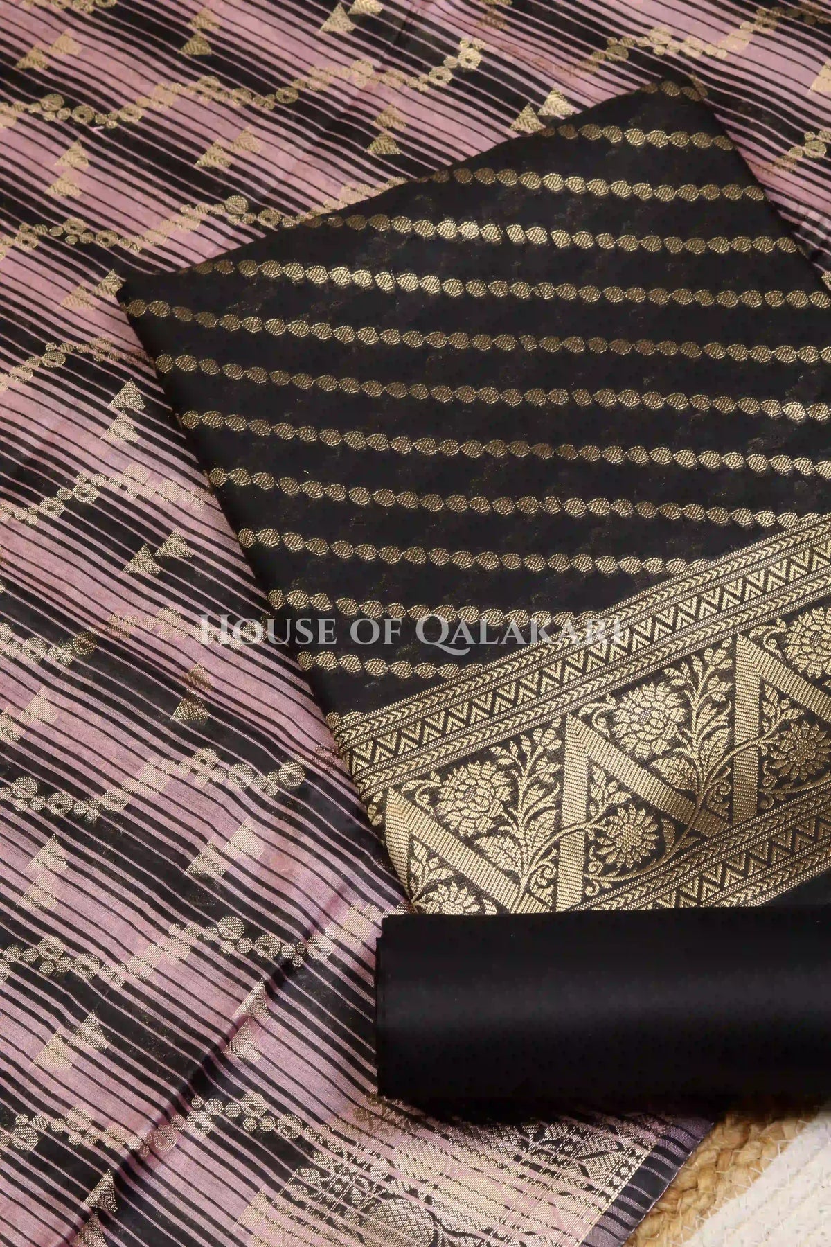 Banarasi Cotton Silk blend Unstitched Dress Material in Black and with Bandhani-Leheriya inspired work – product