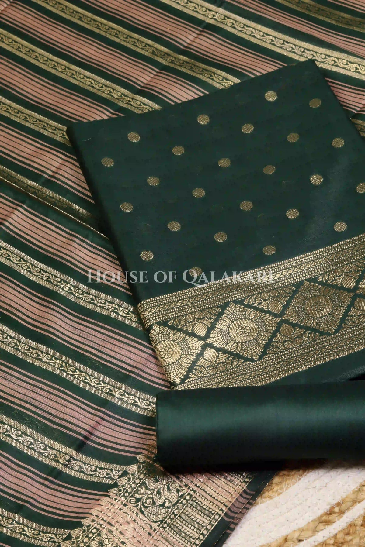 Banarasi Cotton Silk blend Unstitched Dress Material in Bottle Green and with gol buti( Polka dots) inspired work – product