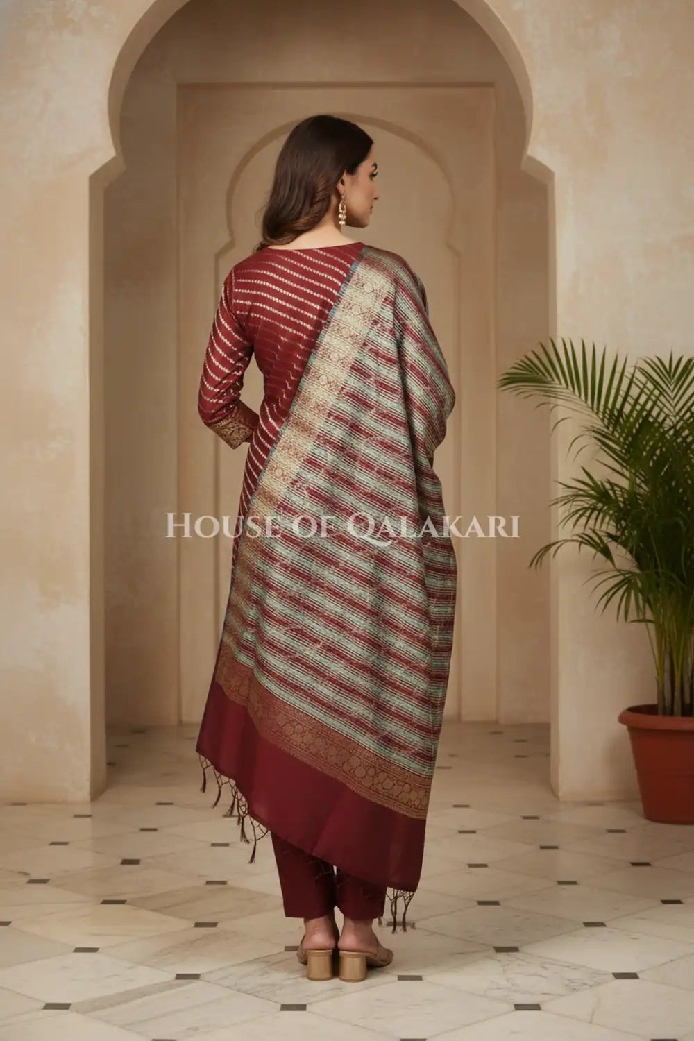 Banarasi Cotton Silk blend Unstitched Dress Material in Maroon Oak and with Bandhani-Leheriya inspired work – back pose