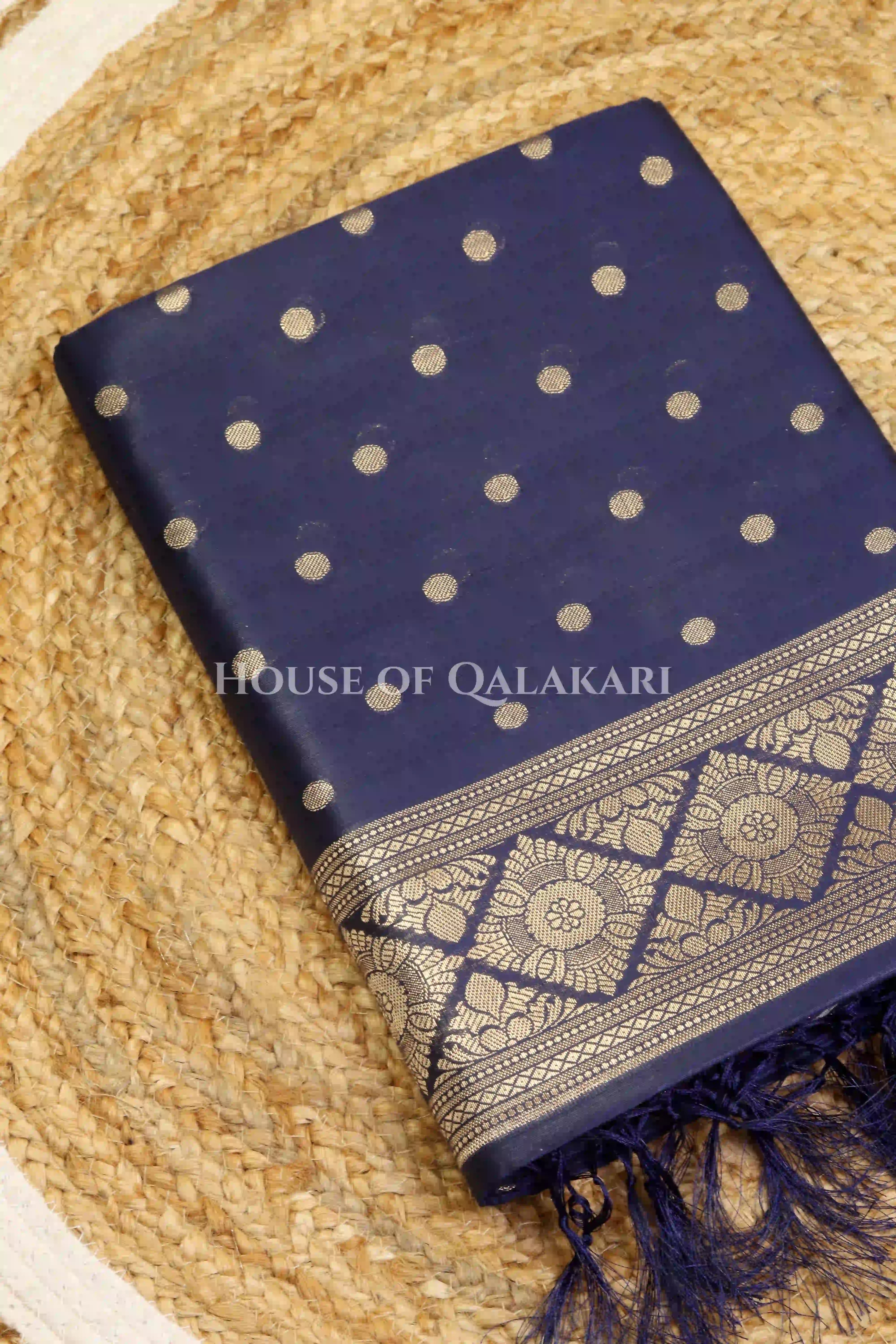 Banarasi Cotton Silk blend Unstitched Dress Material in midnight navy blue and with gol buti( Polka dots) inspired work – kurta