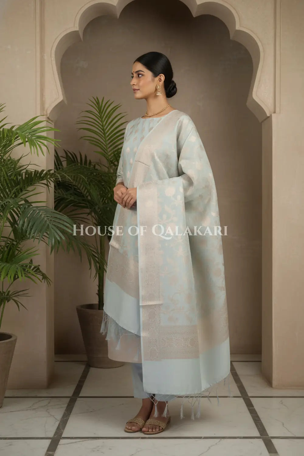 Banarasi Chanderi Cotton Unstitched Dress Material in Ash Grey with intricate Zari Buti work – side pose