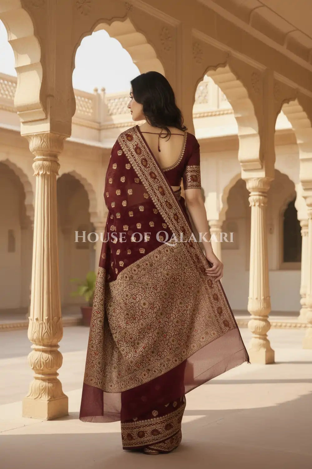 Khaddi Georget Silk Saree Back Pose