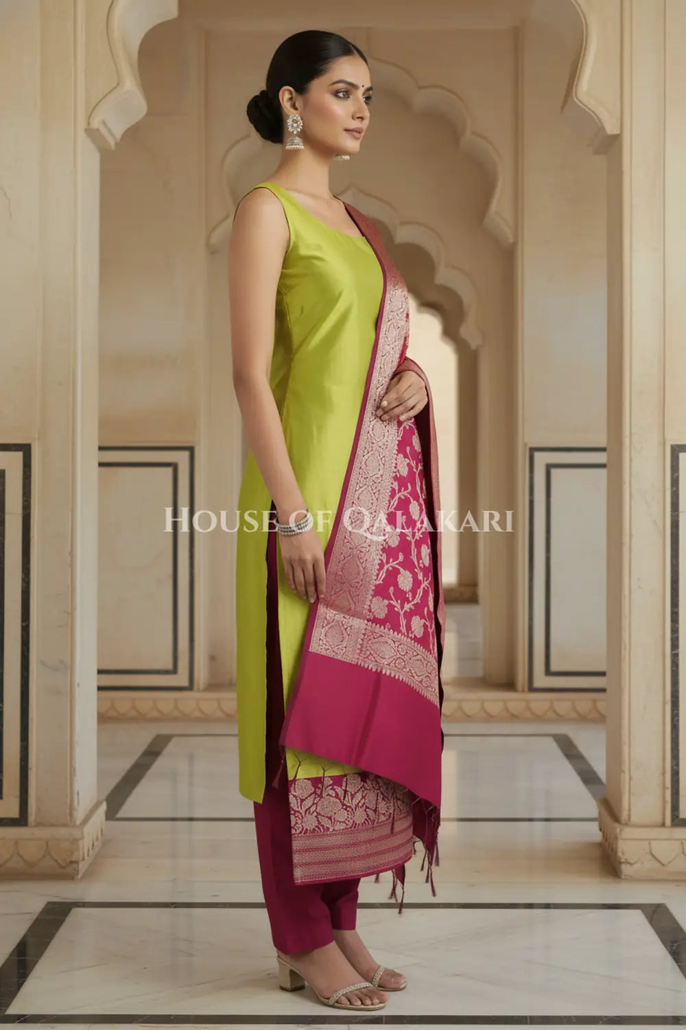 Banarasi silk Unstitched Dress Material in Olive Green and Wine Red contrast with Intricate Zari Buti – side pose