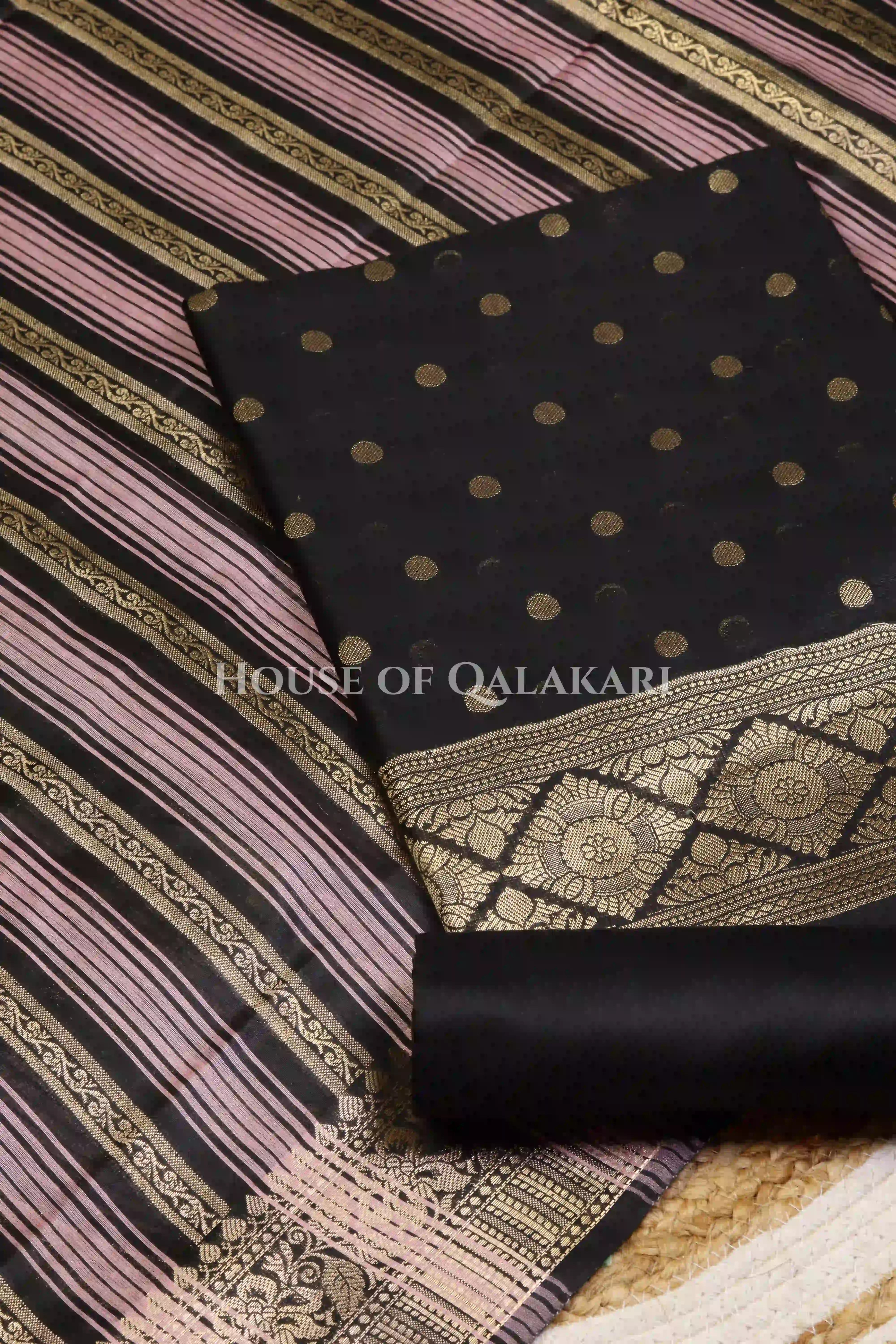 Banarasi Cotton Silk blend Unstitched Dress Material in Black and with gol buti( Polka dots) inspired work – product