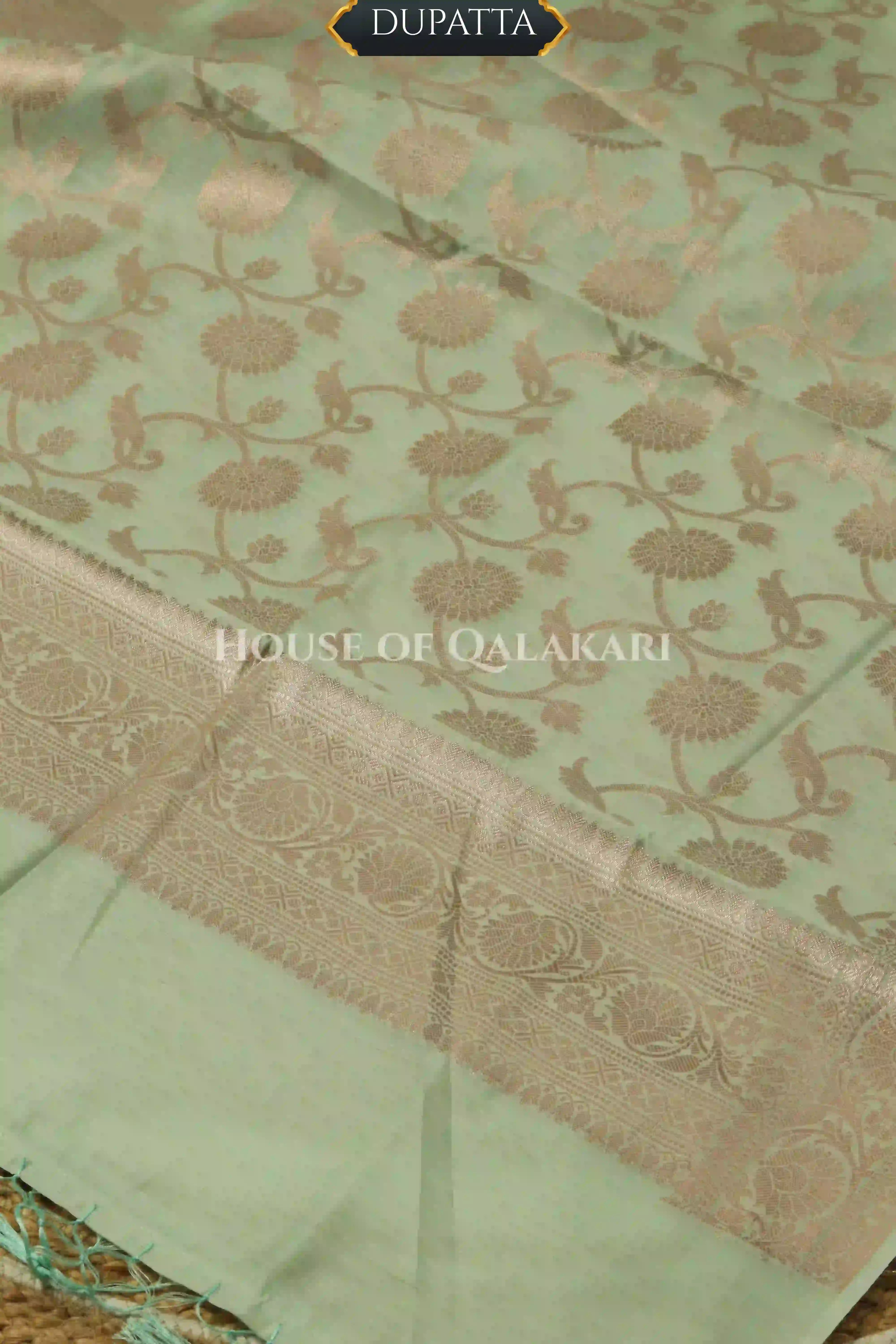 Banarasi Chanderi Cotton Unstitched Dress Material in Mint Green with intricate Zari Buti work – dupatta