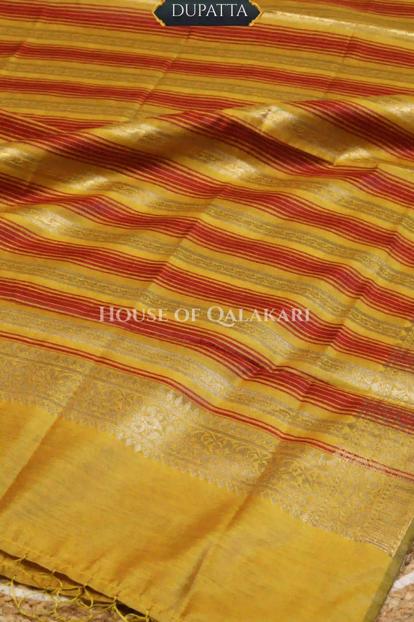 Banarasi Chanderi Cotton Unstitched Dress Material in Mustard and with matching horizontal zari stripe dupatta – dupatta