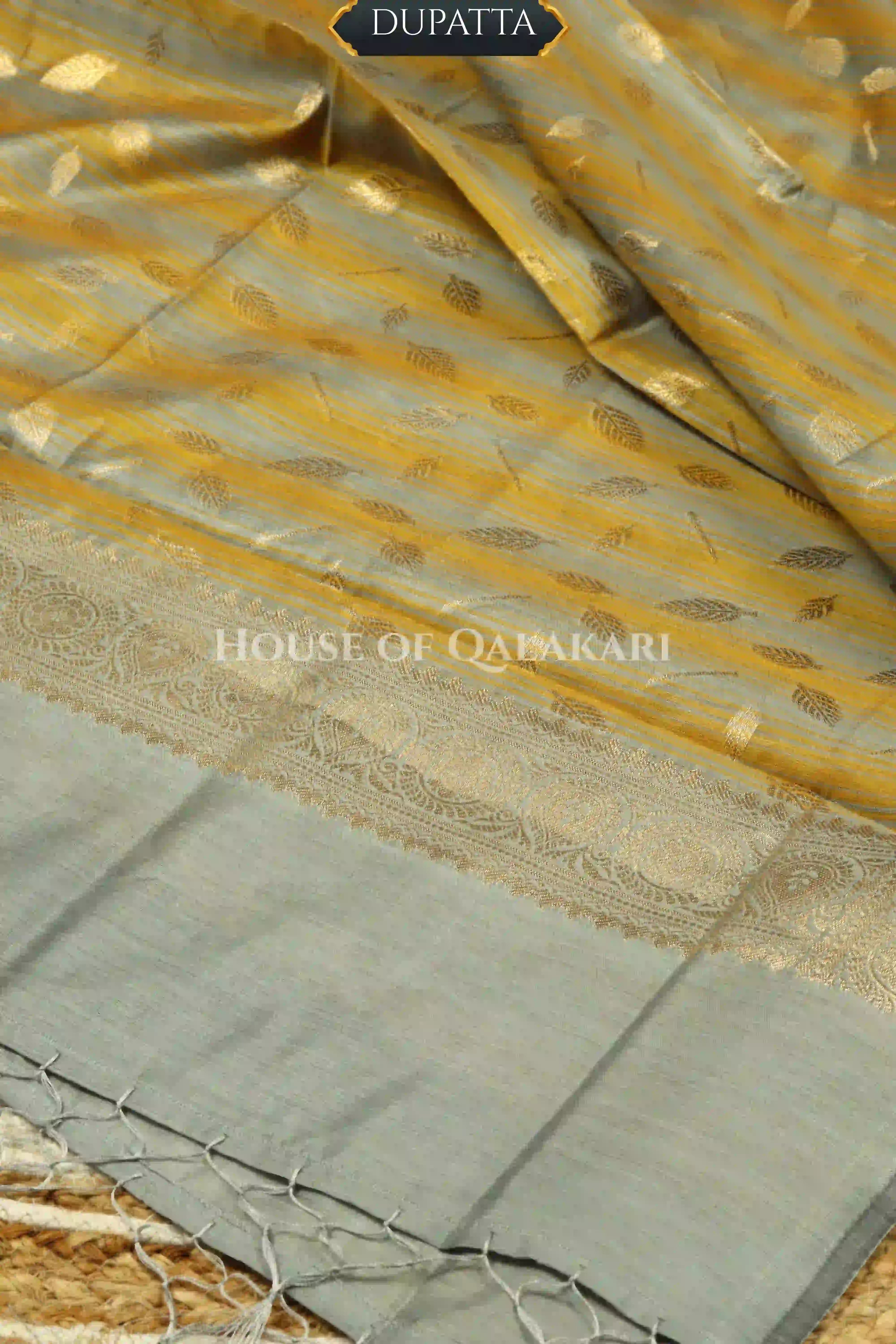 Banarasi Cotton Silk blend Unstitched Dress Material in mustard and silver grey contrast with Intricate Zari Buti – dupatta
