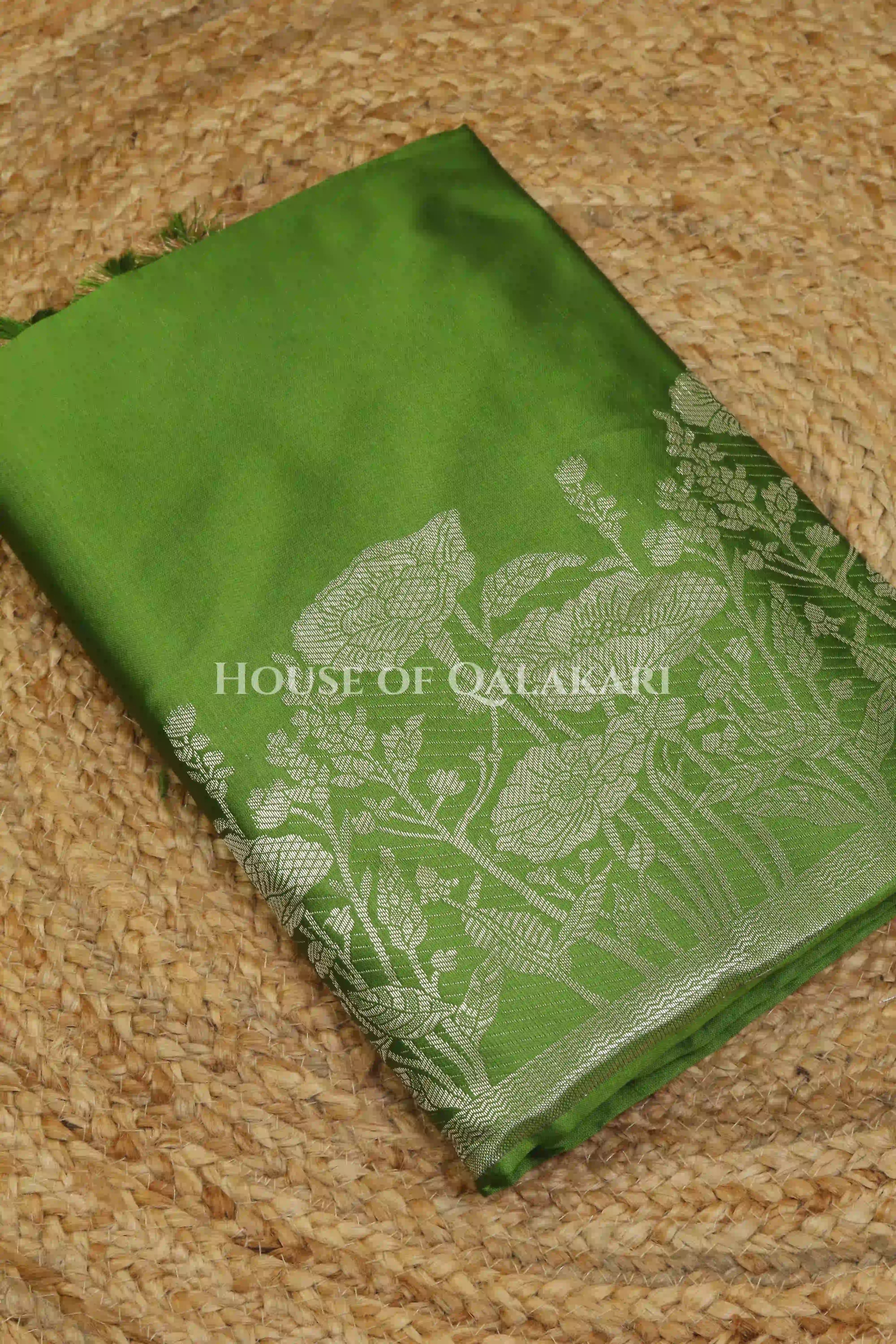 Banarasi silk Unstitched Dress Material in Light Olive Green and with lotus floral border and diagonal striped zari work dupatta – kurta