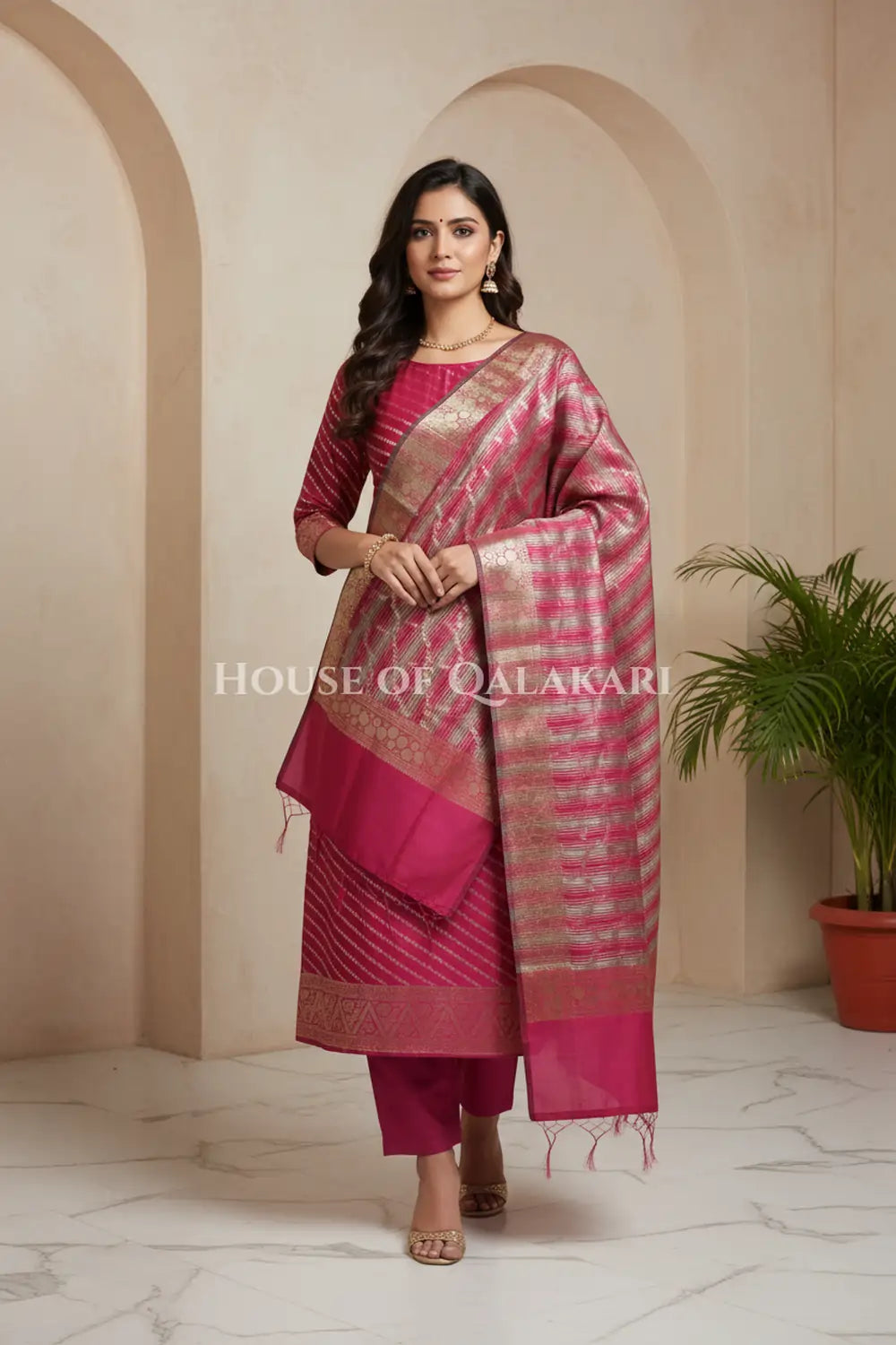 Banarasi Cotton Silk blend Unstitched Dress Material in Rani Pink and with Bandhani-Leheriya inspired work – front pose