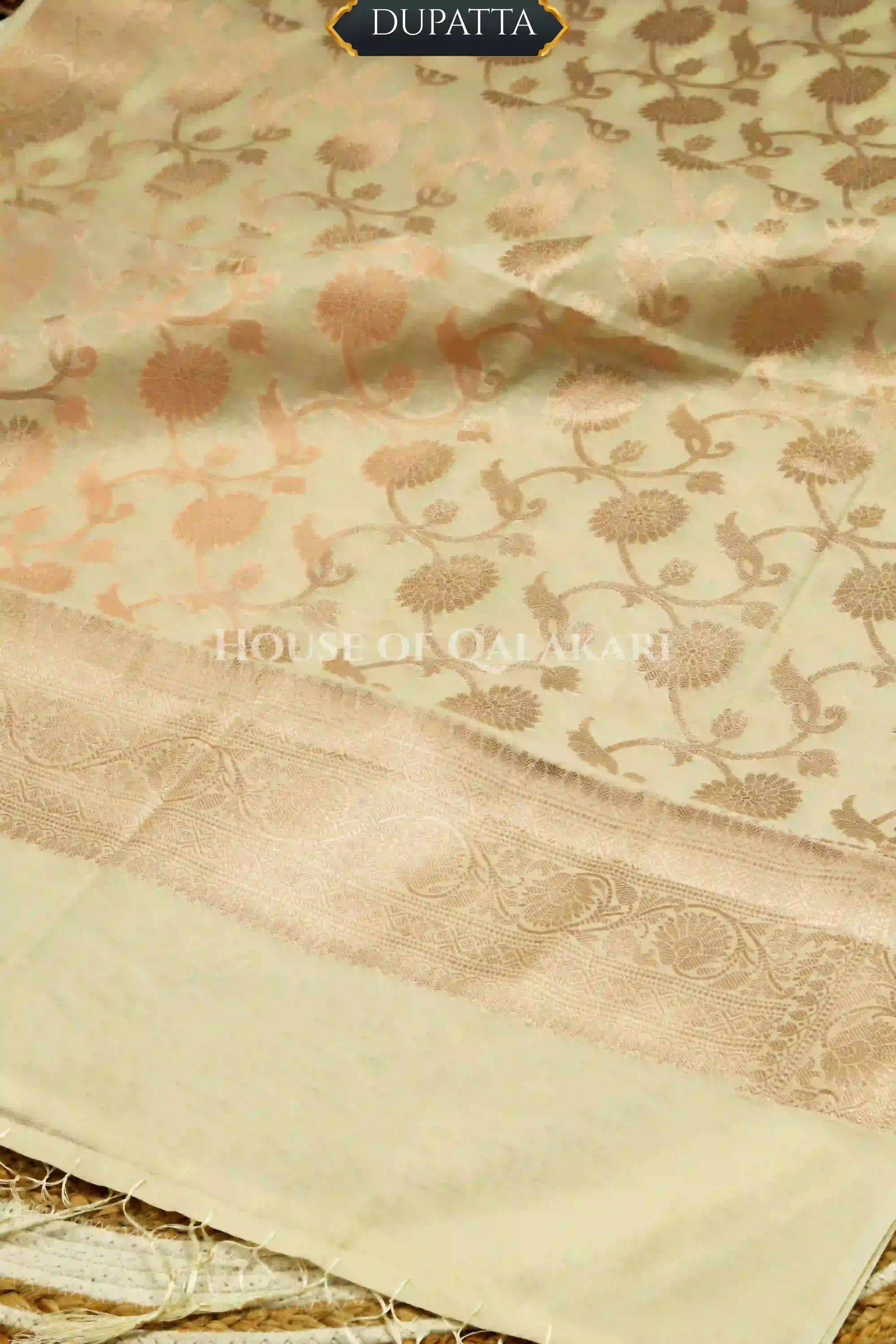 Banarasi Chanderi Cotton Unstitched Dress Material in Cream with intricate Zari Buti work – dupatta