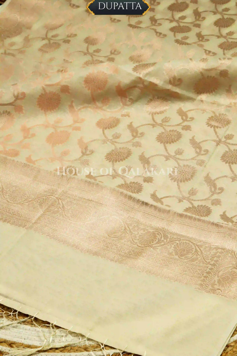 Banarasi Chanderi Cotton Unstitched Dress Material in Cream with intricate Zari Buti work – dupatta