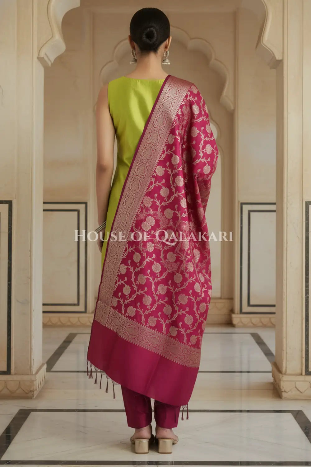 Banarasi silk Unstitched Dress Material in Olive Green and Wine Red contrast with Intricate Zari Buti – back pose