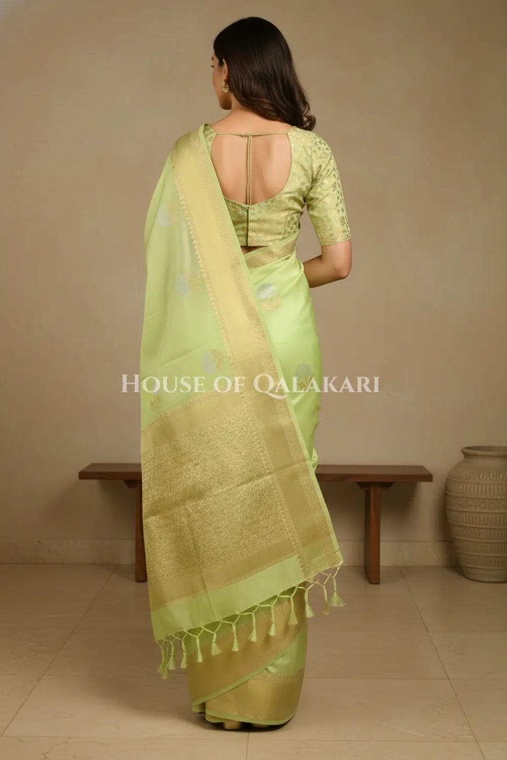 moonga silk saree back pose