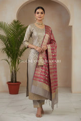 Banarasi Cotton Silk blend Unstitched Dress Material in Rosy Brown and with contrast Burgundy-Rosy Brown striped dupatta – dramatic pose