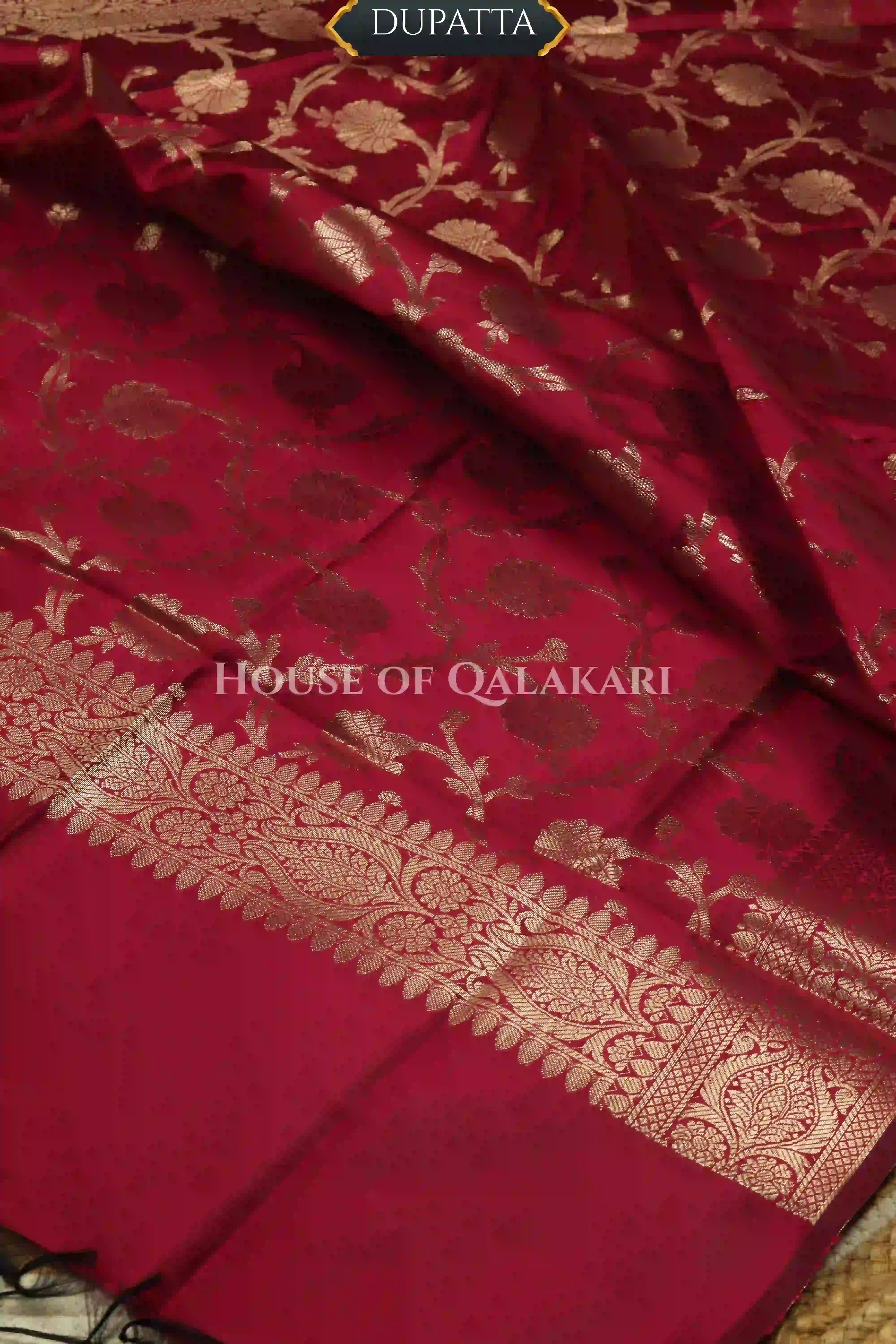 Banarasi silk Unstitched Dress Material in Olive Green and Wine Red contrast with Intricate Zari Buti – dupatta