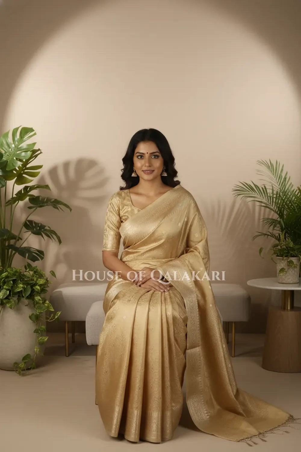 Mushroom silk Saree sitting pose