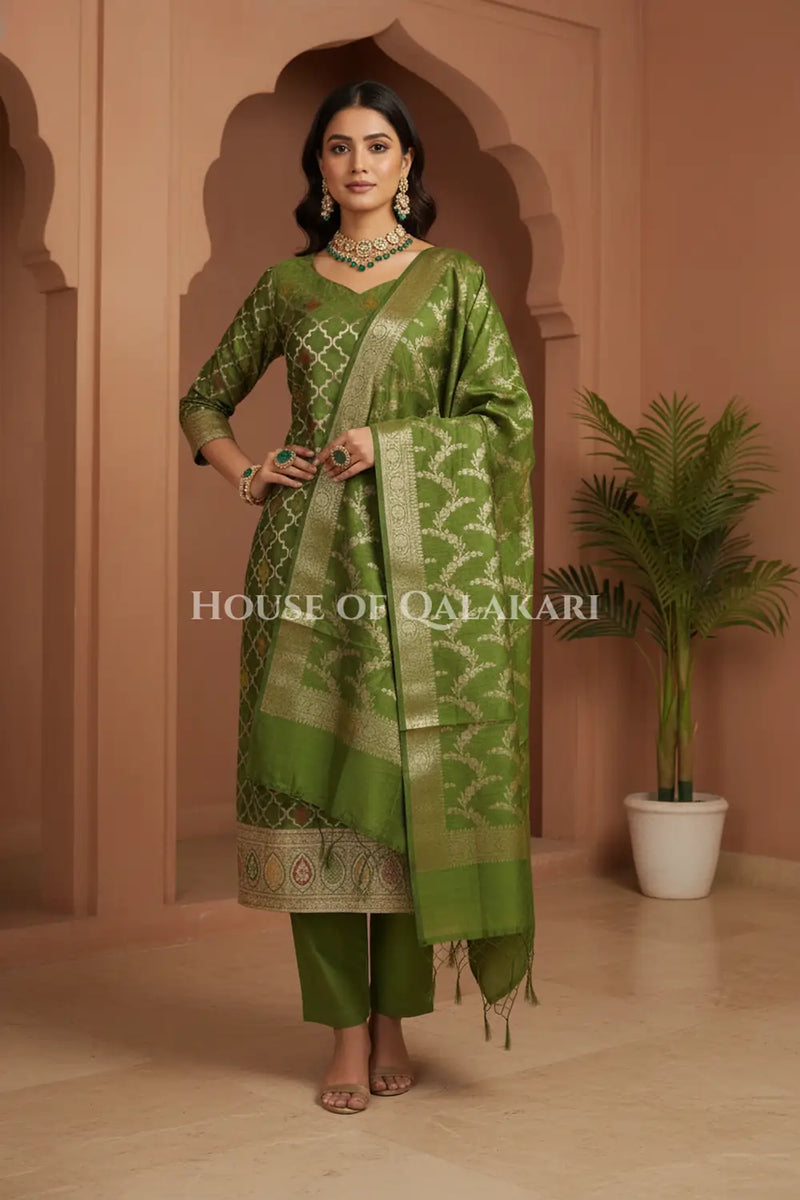 Banarasi Chanderi Cotton Unstitched Dress Material in Mehndi and with matching floral vine jaal dupatta – front pose