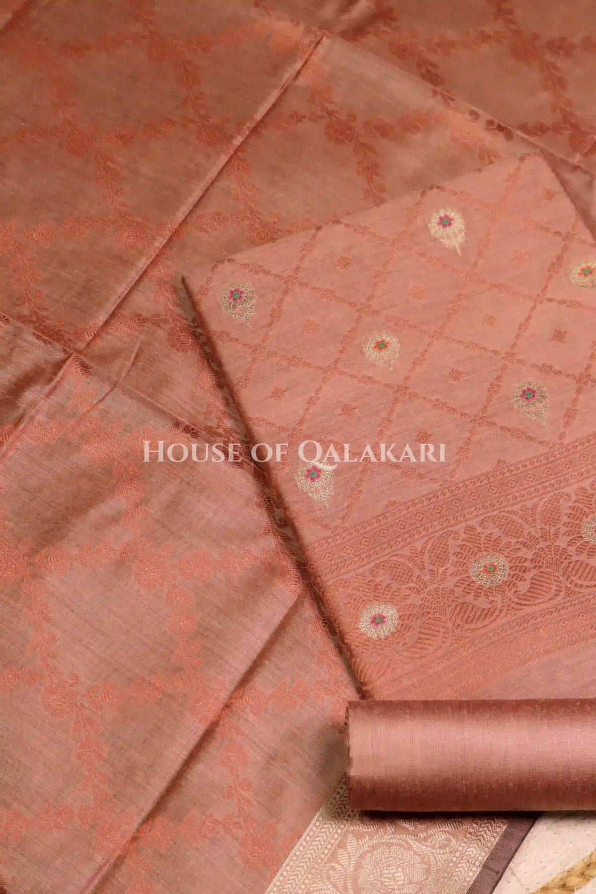Banarasi Unstitched Dress Material in Brown Rust diamond Chokdi resham work kurta and zari border – product