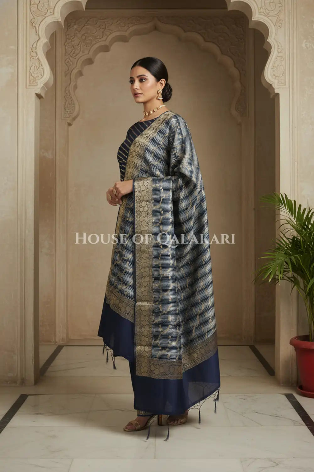 Banarasi Cotton Silk blend Unstitched Dress Material in midnight navy blue and with Bandhani-Leheriya inspired work – side pose