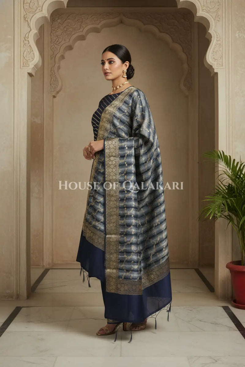 Banarasi Cotton Silk blend Unstitched Dress Material in midnight navy blue and with Bandhani-Leheriya inspired work – side pose