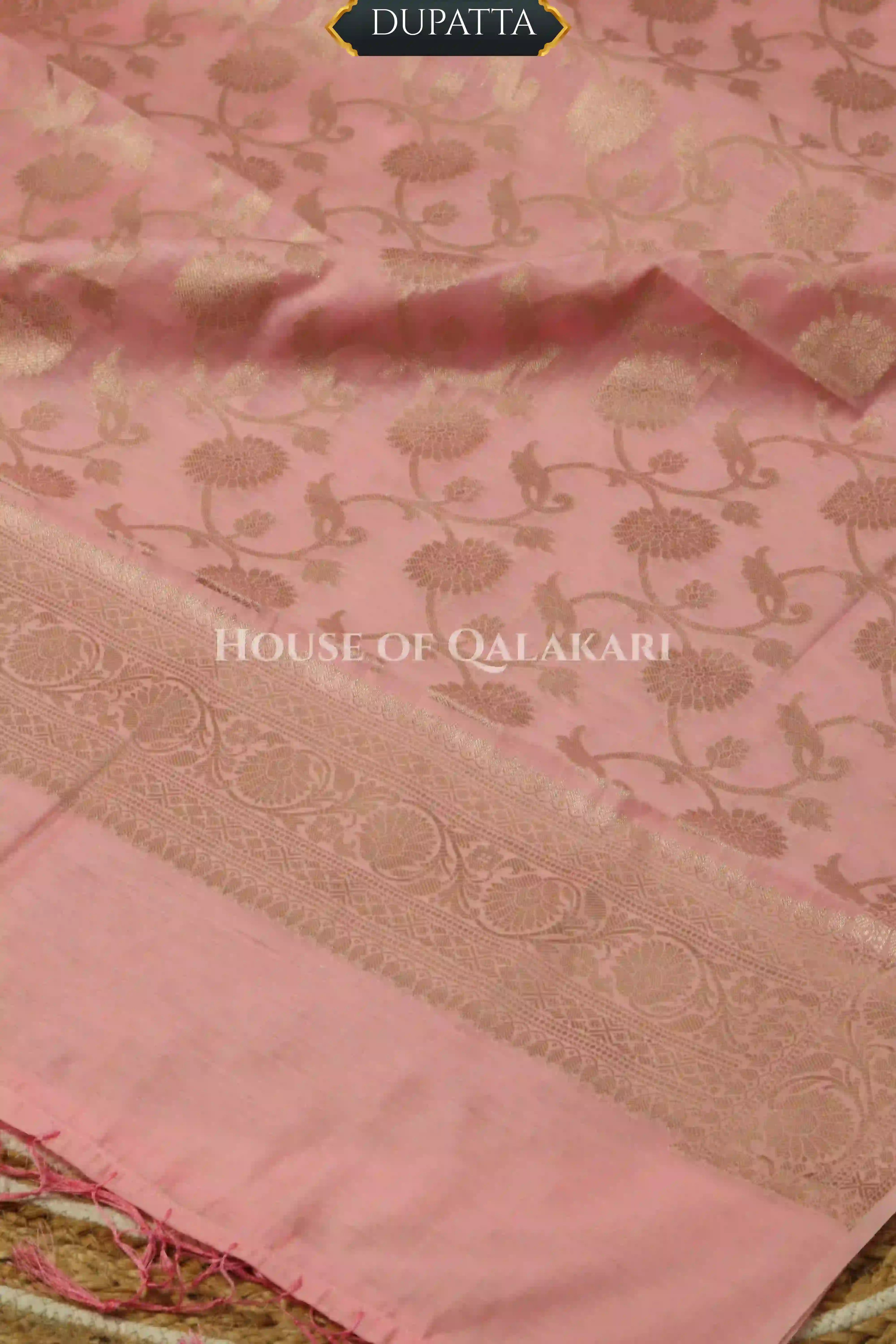 Banarasi Chanderi Cotton Unstitched Dress Material in Blush Pink with intricate Zari Buti work – dupatta