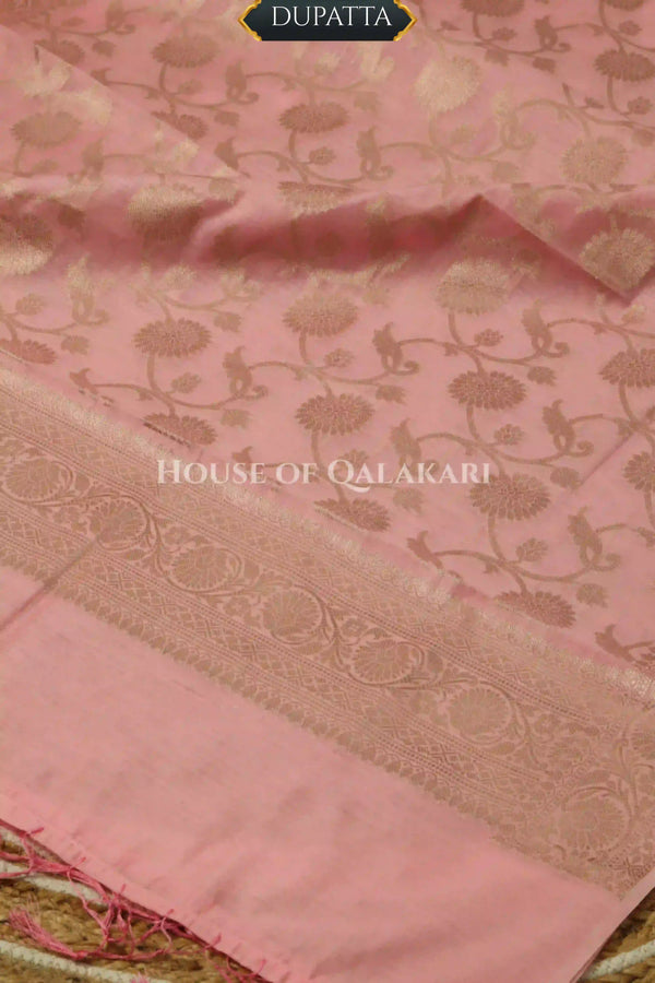 Banarasi Chanderi Cotton Unstitched Dress Material in Blush Pink with intricate Zari Buti work – dupatta