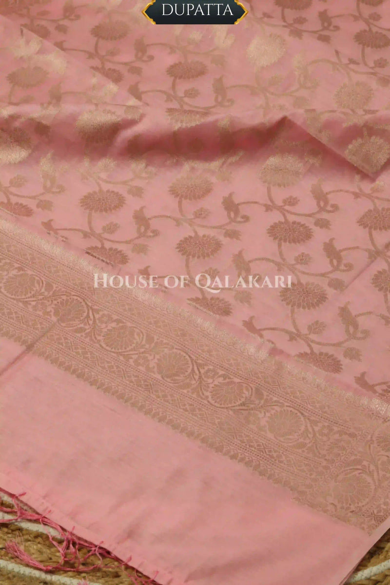 Banarasi Chanderi Cotton Unstitched Dress Material in Blush Pink with intricate Zari Buti work – dupatta