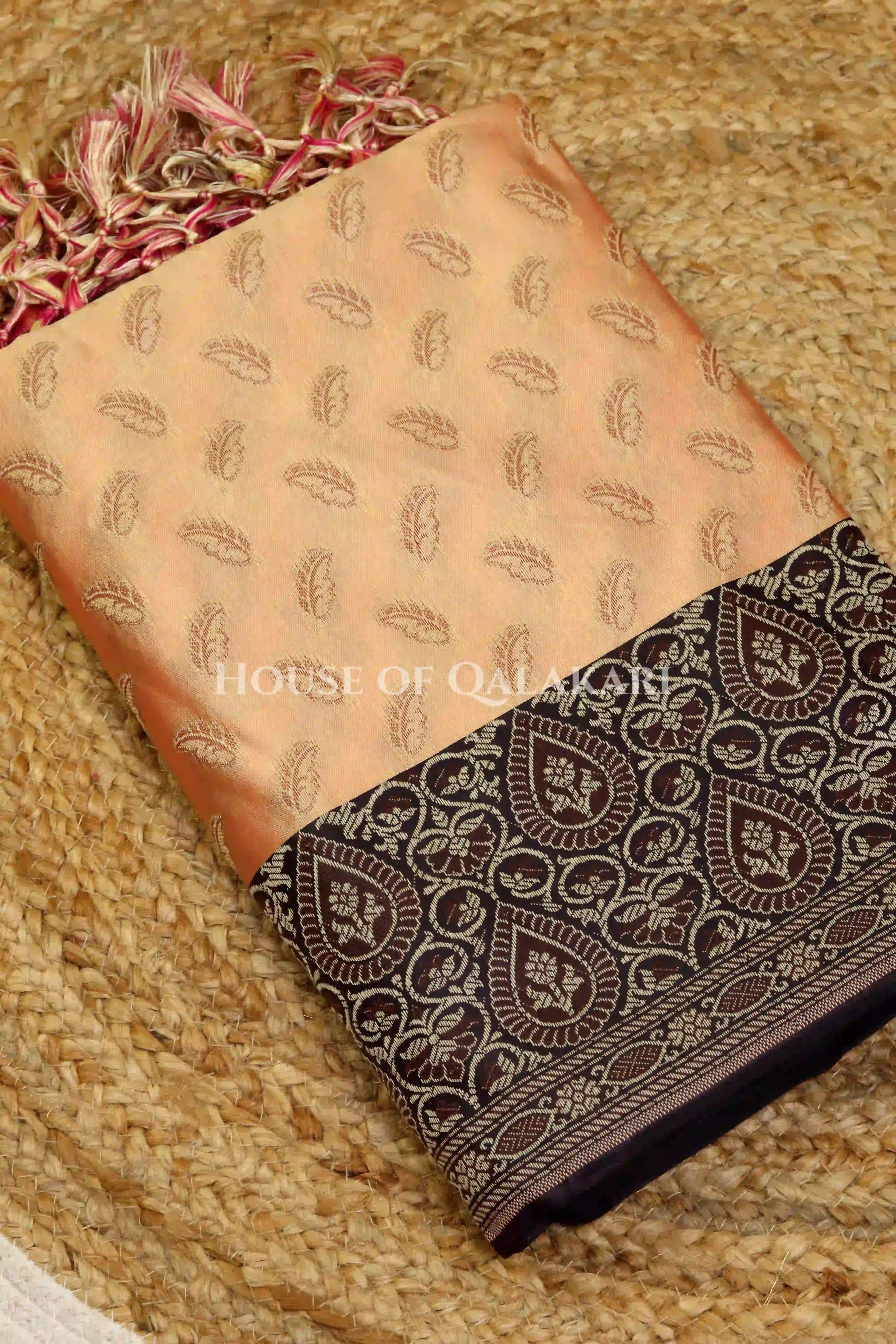 Banarasi Unstitched Dress Material in apricot beige and with all over leaf buti and resham border along with floral resham jaal dupatta – kurta