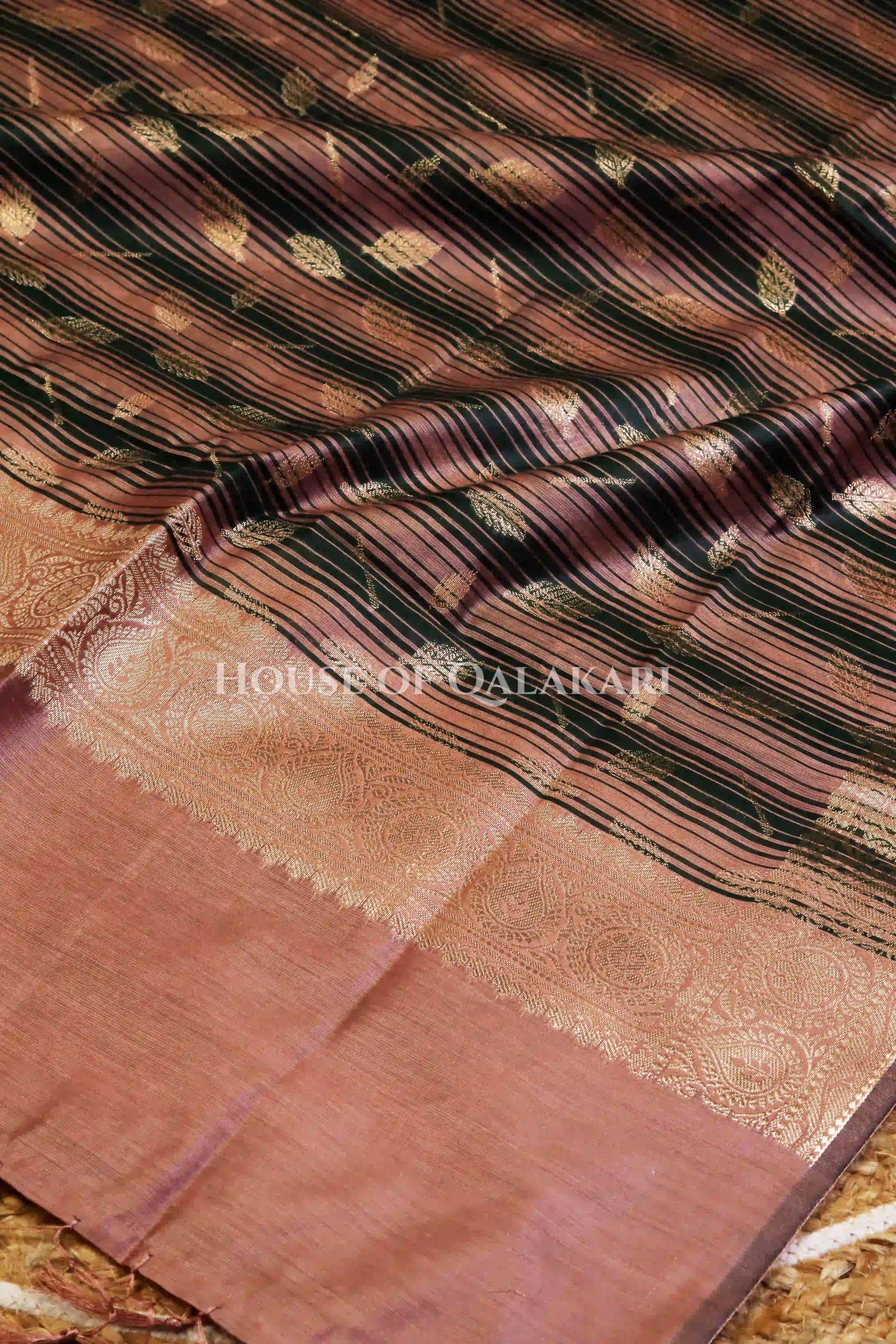 Banarasi Cotton Silk blend Unstitched Dress Material in Copper Rose and with contrast Dark Green-Copper Rose striped dupatta – dupatta
