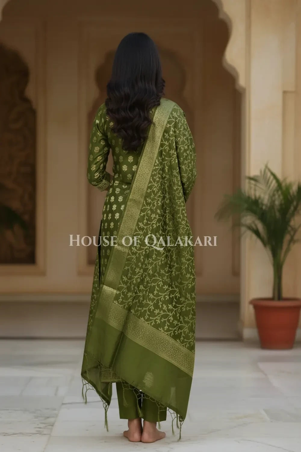 Banarasi Cotton Silk blend Unstitched Dress Material in Mehndi and with matching floral vine jaal dupatta – back pose