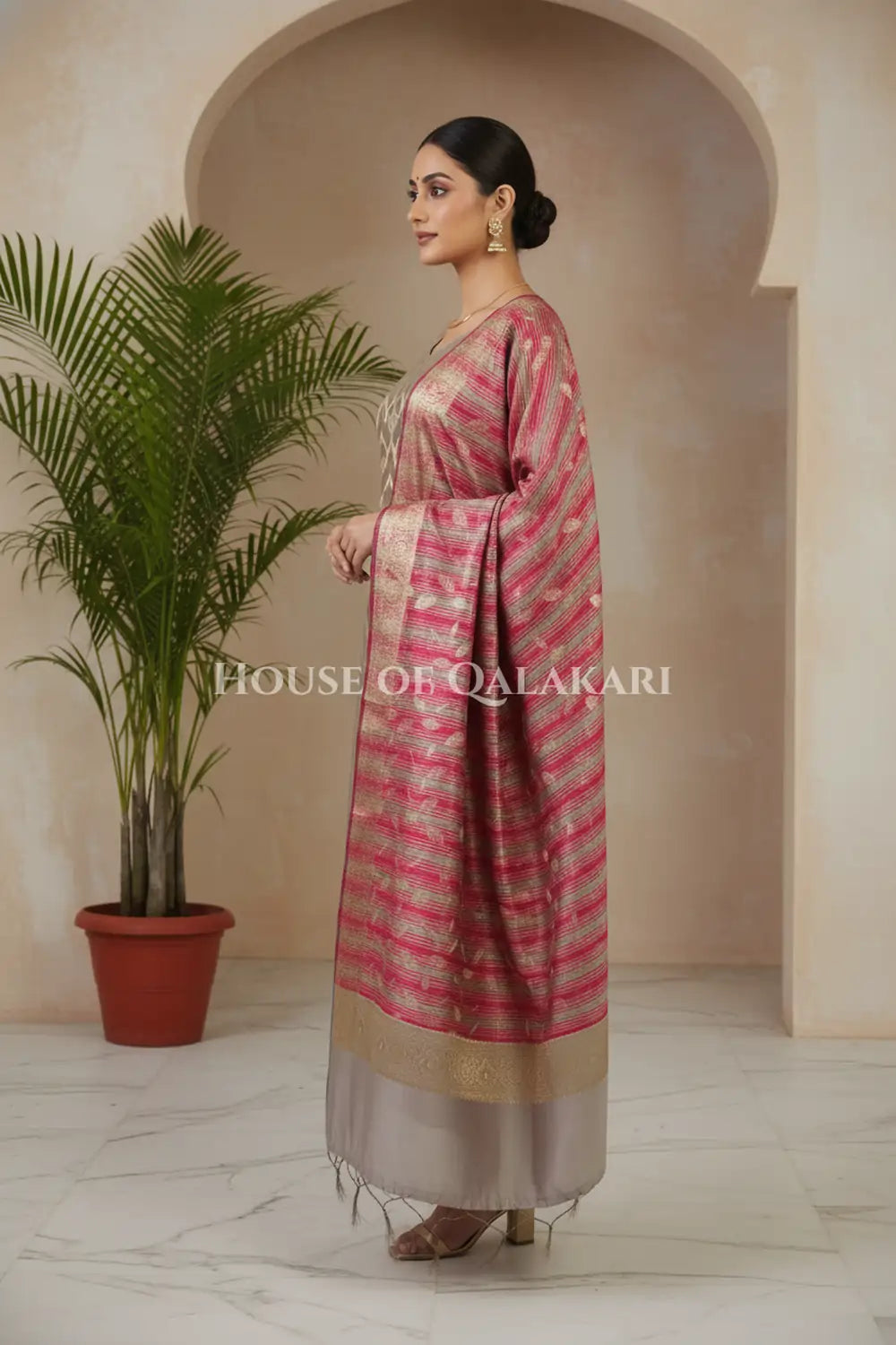 Banarasi Cotton Silk blend Unstitched Dress Material in Rosy Brown and with contrast Burgundy-Rosy Brown striped dupatta – side pose