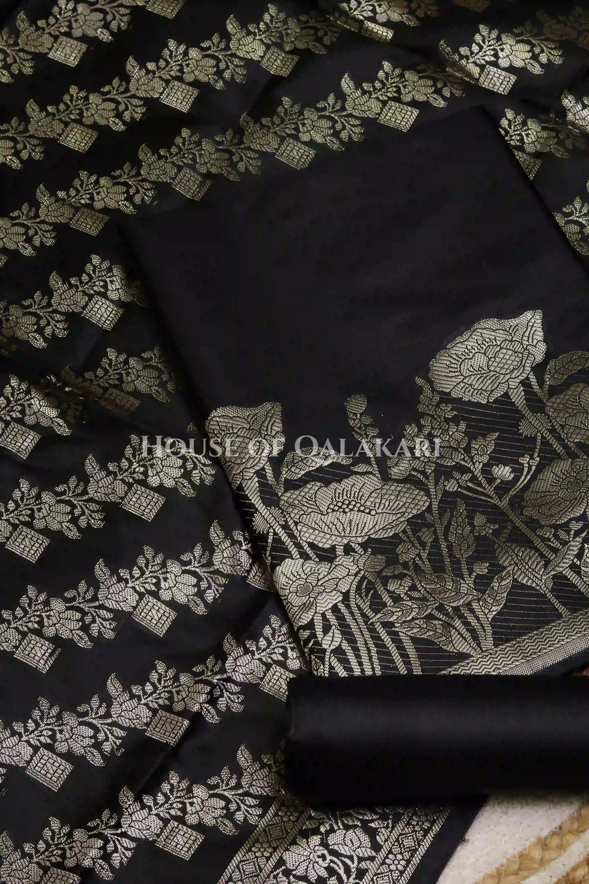 Banarasi silk Unstitched Dress Material in Black and with lotus floral border and diagonal striped zari work dupatta – product