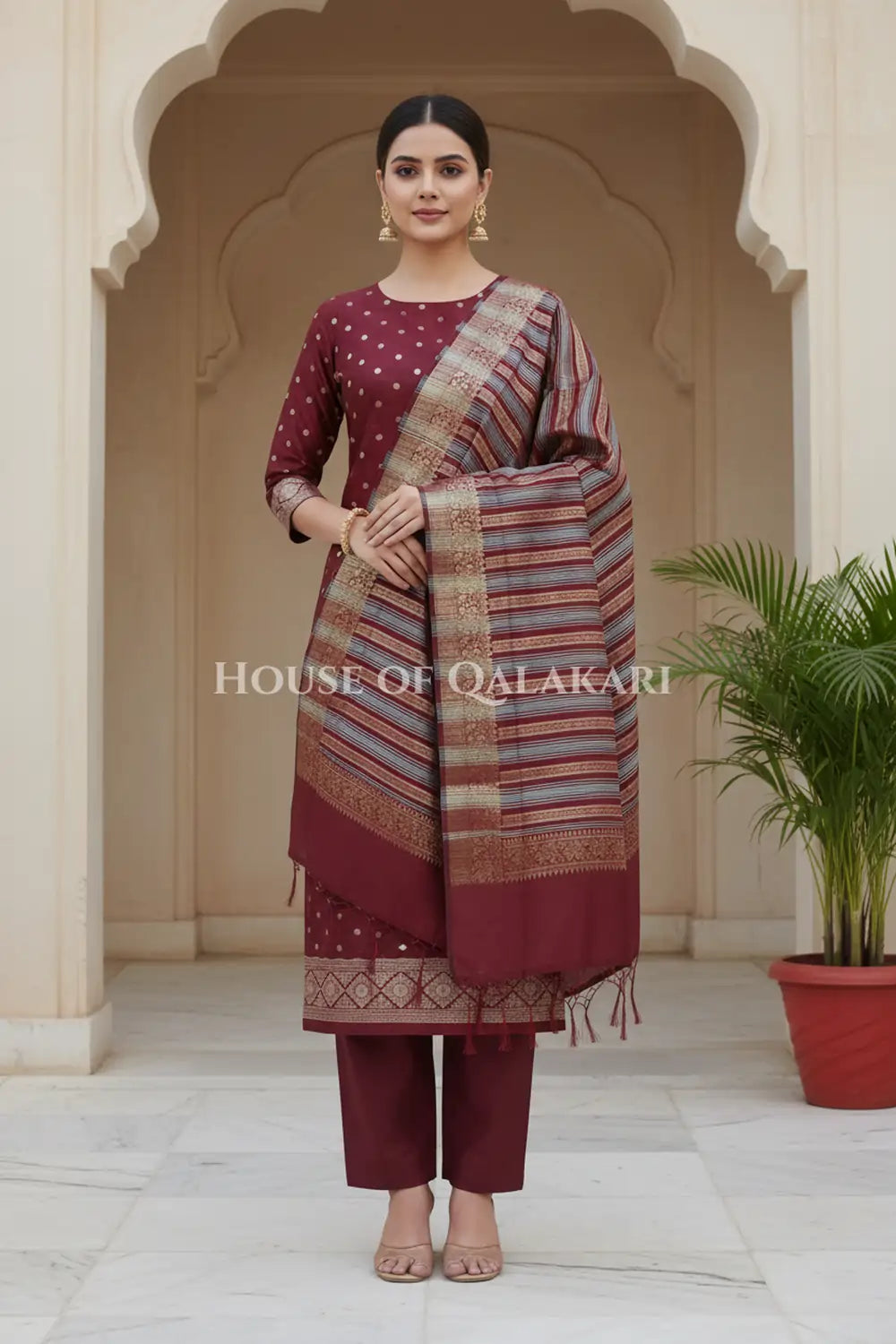 Banarasi Cotton Silk blend Unstitched Dress Material in Maroon Oak and with gol buti( Polka dots) inspired work – front pose