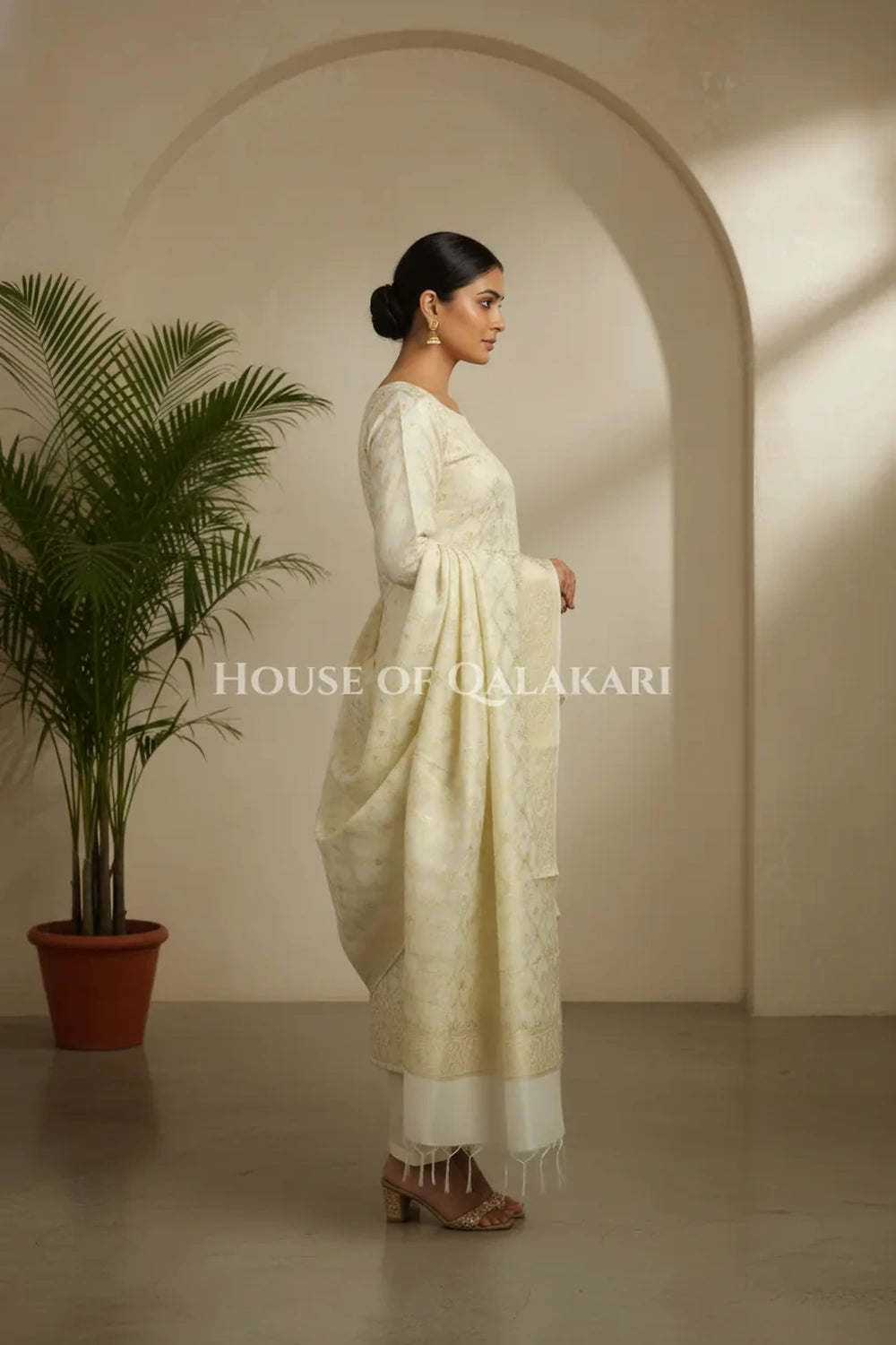 Cream Banarasi Chanderi Cotton Unstitched Dress Material with Zari Work – side pose