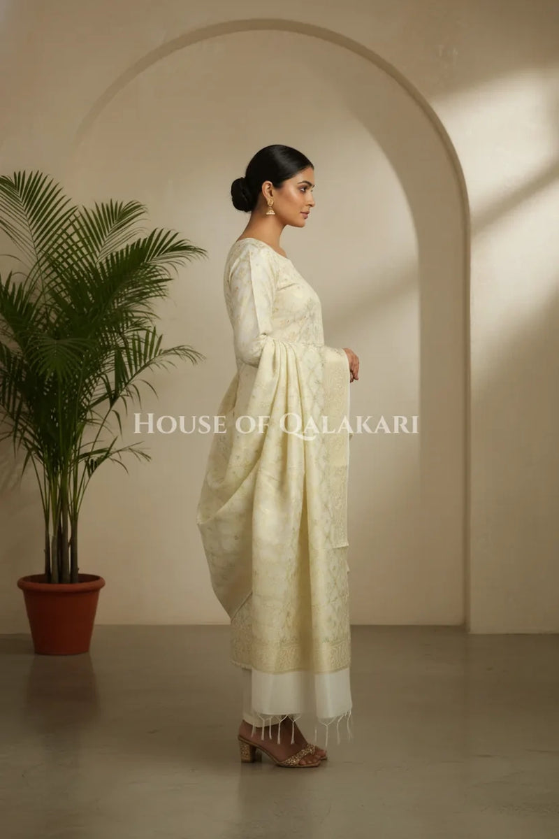 Cream Banarasi Chanderi Cotton Unstitched Dress Material with Zari Work – side pose