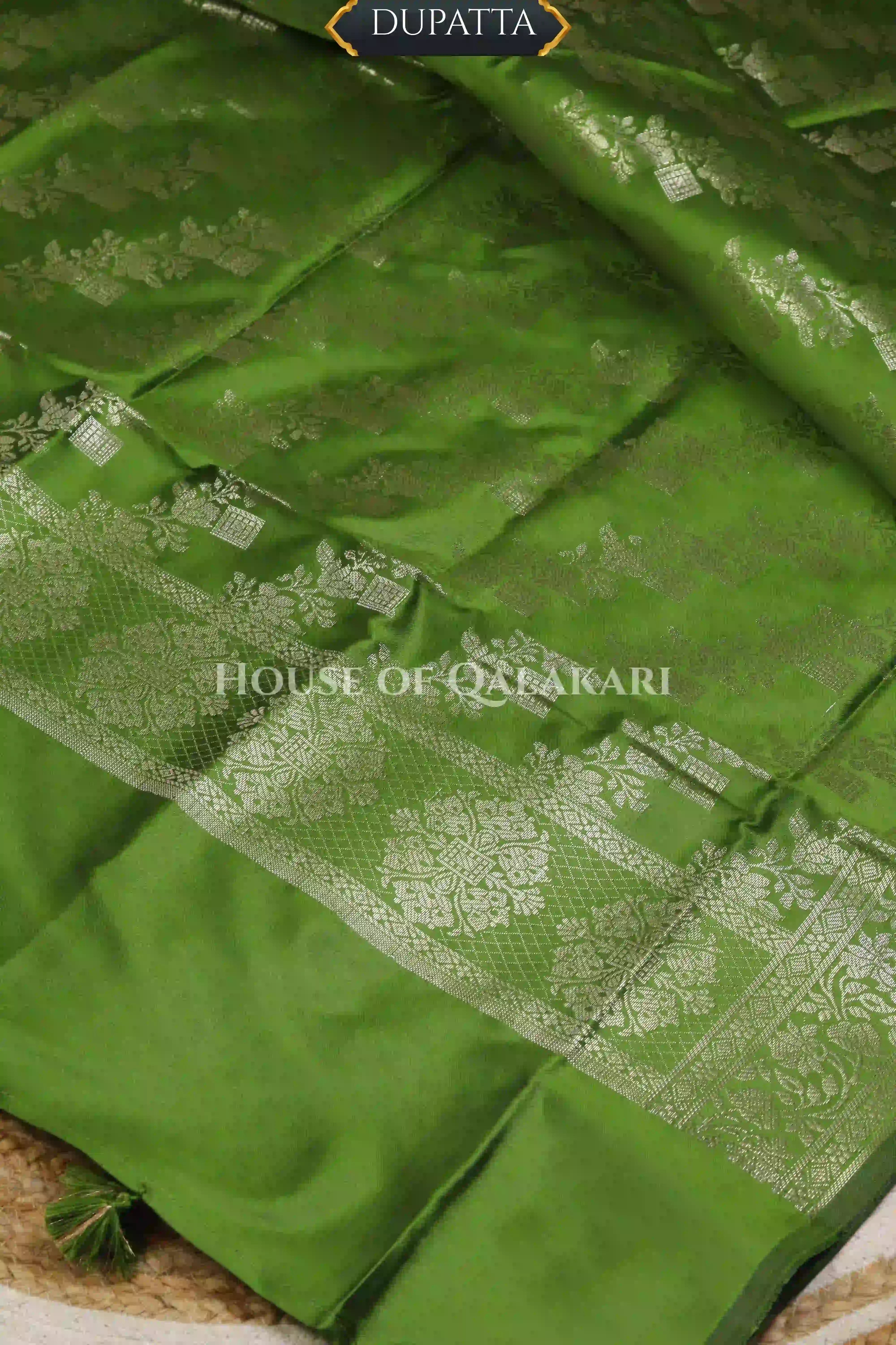 Banarasi silk Unstitched Dress Material in Light Olive Green and with lotus floral border and diagonal striped zari work dupatta – dupatta