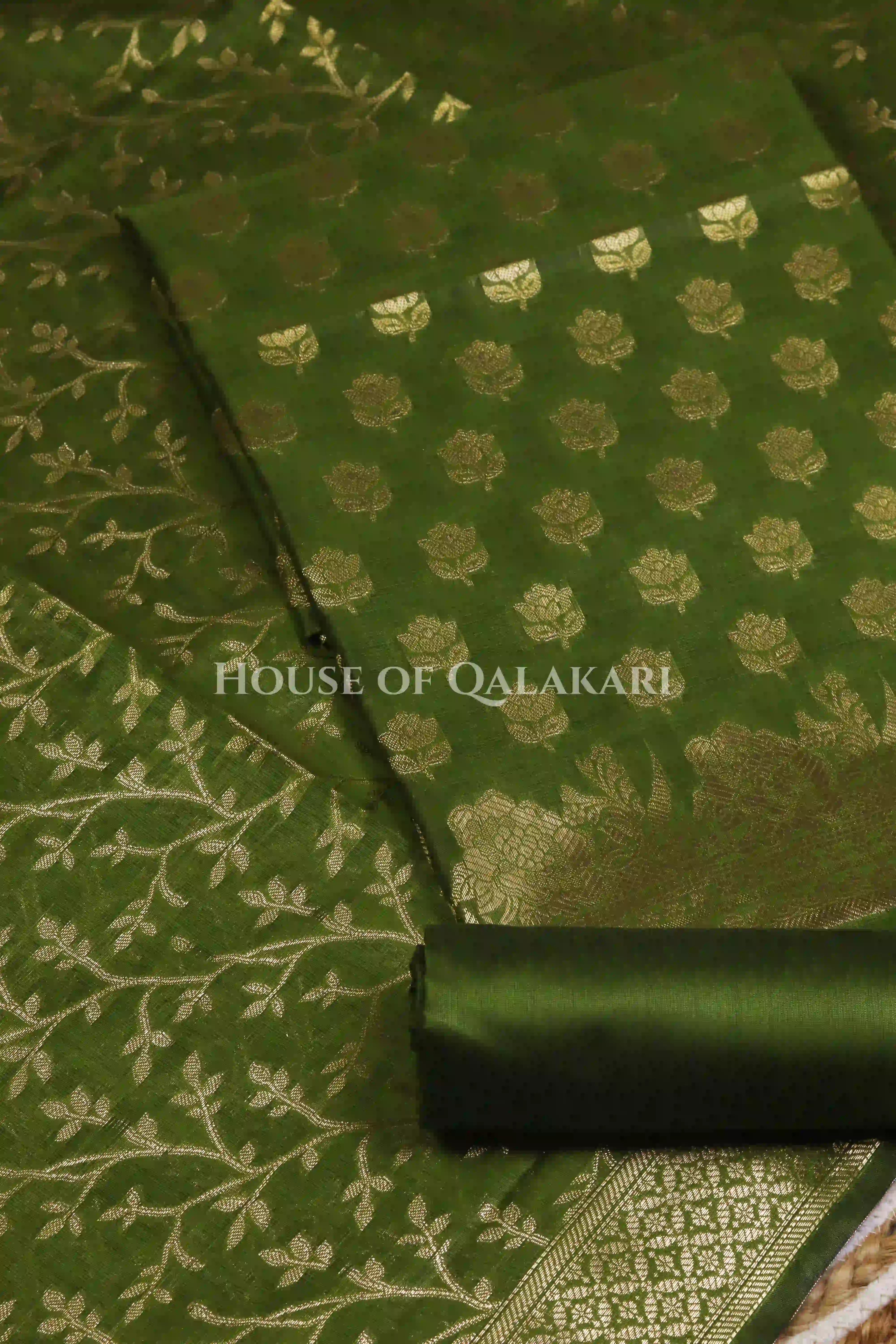 Banarasi Cotton Silk blend Unstitched Dress Material in Mehndi and with matching floral vine jaal dupatta – product