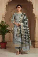 Banarasi Cotton Silk blend Unstitched Dress Material in Grey and with contrast Black-Grey striped dupatta – front pose
