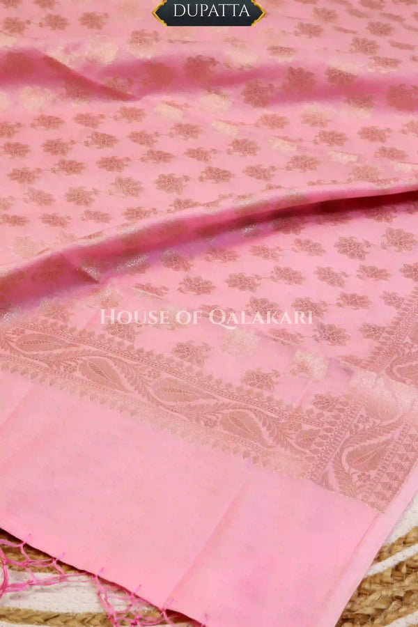 Banarasi Chanderi Cotton Unstitched Dress Material in Light Pink and with matching floral vine jaal dupatta – dupatta