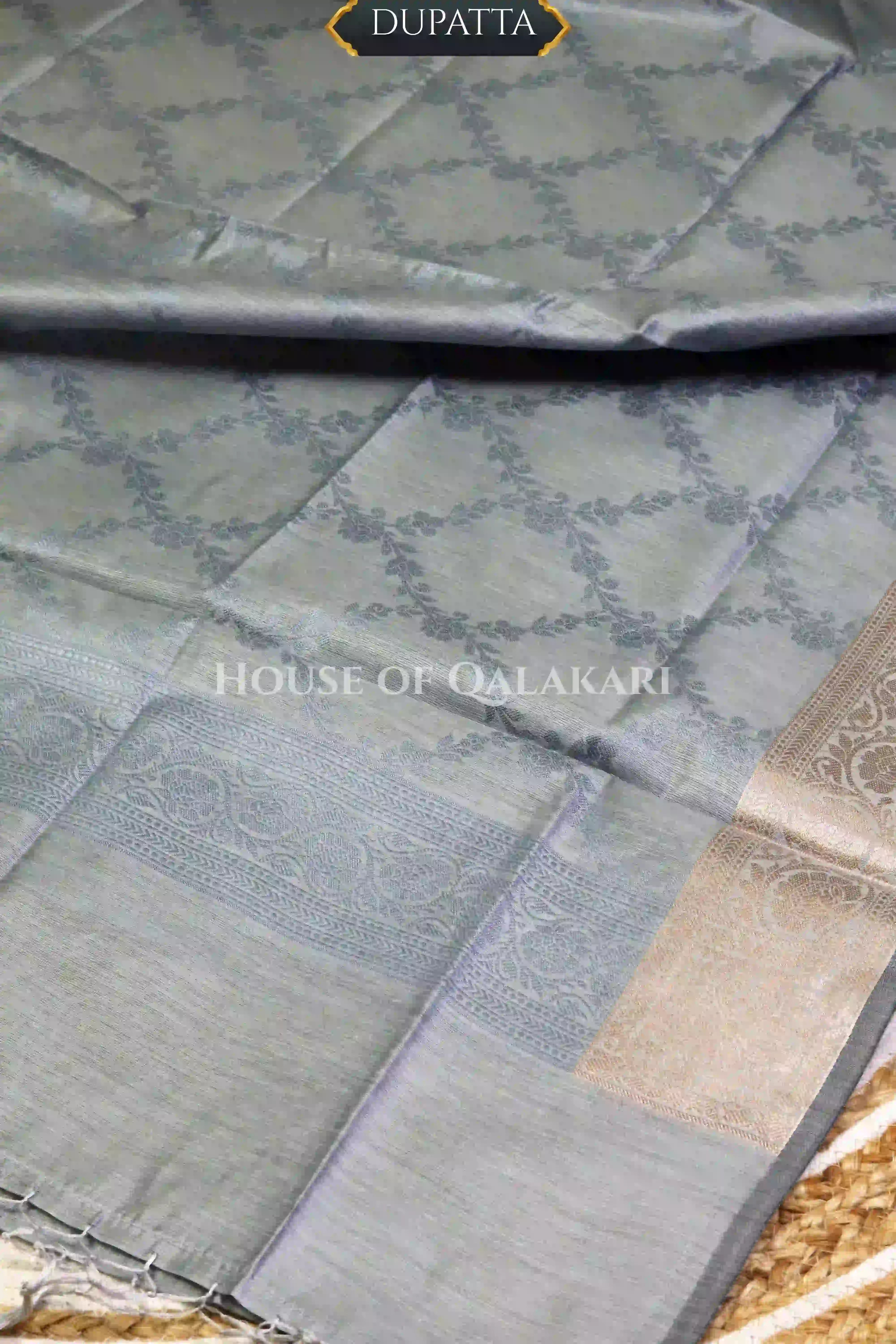 Banarasi Chanderi Cotton Unstitched Dress Material in Grey and with matching floral vine jaal dupatta – dupatta