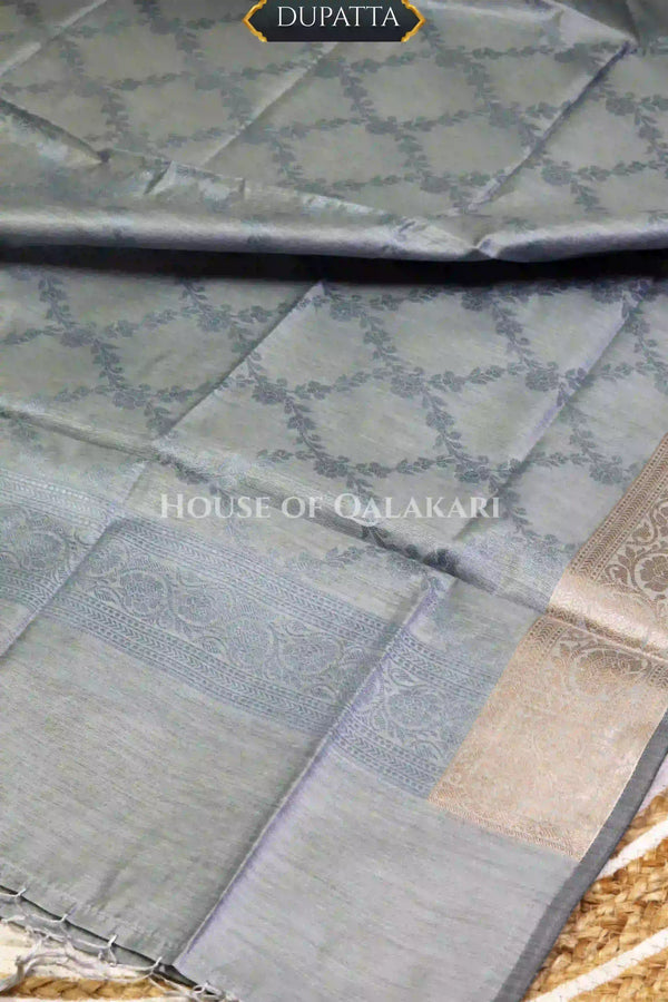 Banarasi Chanderi Cotton Unstitched Dress Material in Grey and with matching floral vine jaal dupatta – dupatta